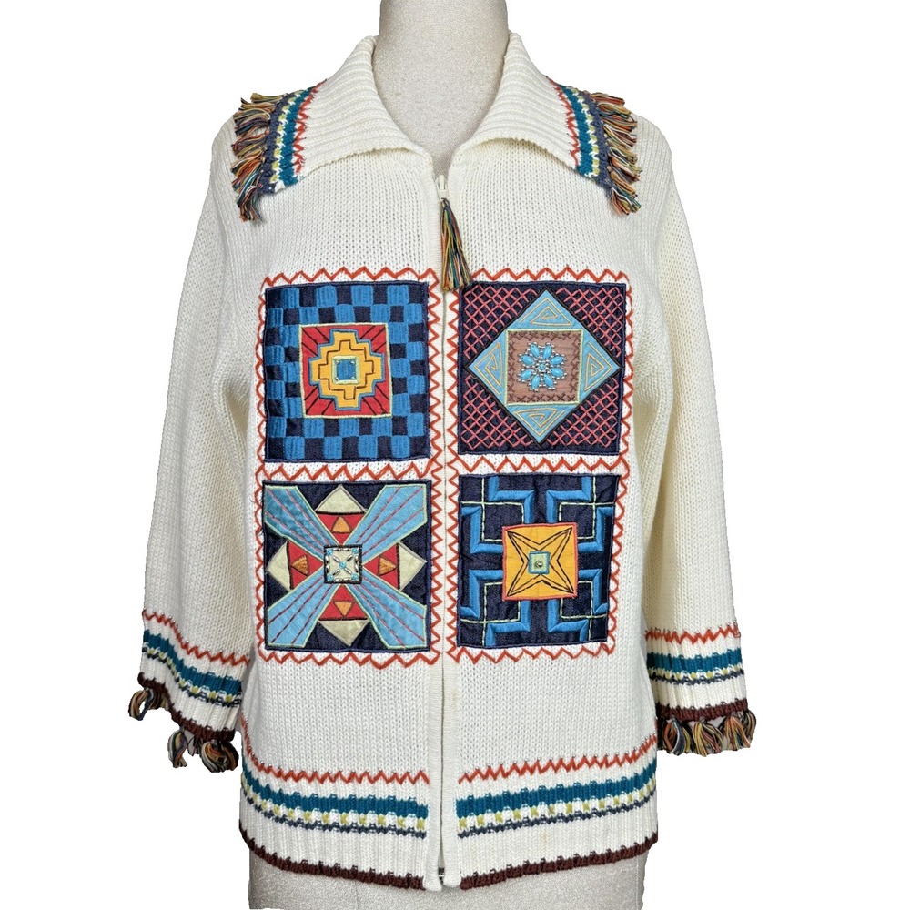 Ronnie Salloway Cardigan Sweater Women L Cream Aztec Beaded Fringe Zip Boho READ